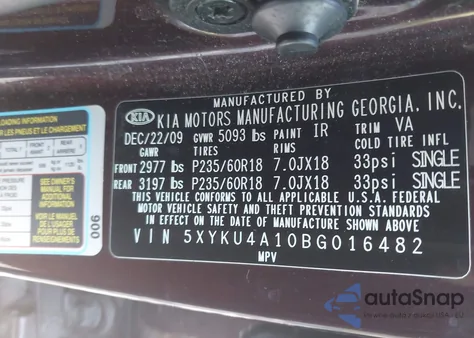 2011 Kia Sorento Ex z USA, uszkodzony, nr VIN 5XYKU4A10BG016482